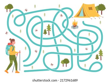 Labyrinth, help the girl traveler to find the right way to the tourist camp. Logical quest for children. Cute illustration for childrens books, educational game