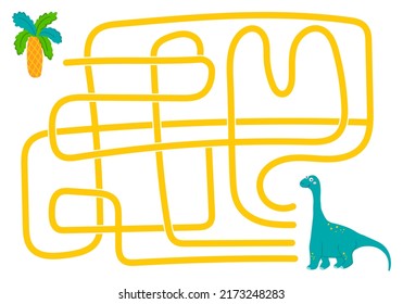 Labyrinth, help the herbivorous dinosaur find the right path to the palm tree. Logical quest for children. Cute illustration for childrens books, educational game.