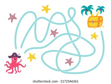 Laberinto, ayuda al pirata del pulpo a encontrar la forma correcta de atesorar la isla. Búsqueda lógica de niños. Ilustración corta para libros infantiles, juego educativo