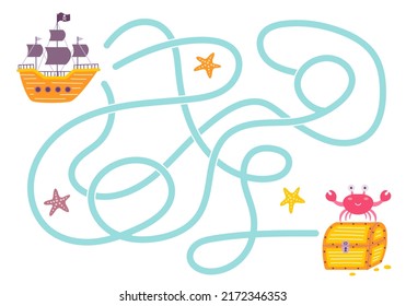 Labyrinth, help the pirate ship find the right way to the treasure chest. Logical quest for children. Cute illustration for childrens books, educational game
