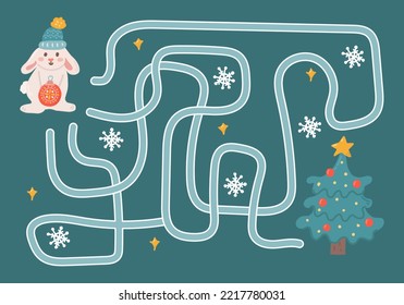 labyrinth, help the rabbit find the right way to the Christmas tree. Logical quest for children. Cute illustration for children's books, educational game