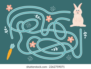 Laberinto, ayuda a los conejos a encontrar la manera de zanahoria. Búsqueda lógica de niños. Ilustración corta para libros infantiles, juego educativo