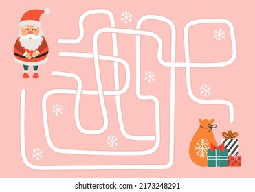 Labyrinth, help Santa Claus find the right way to Christmas gifts. Logical quest for children. Cute illustration for childrens books, educational game.