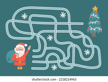 Labyrinth, help Santa Claus find the right way to the Christmas tree. Logical quest for children. Cute illustration for childrens books, educational game