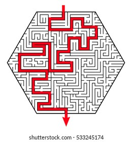 Labyrinth as a hexagon. Complex maze puzzle game (high level of difficulty) with way (exit or answer). Labyrinth as business concept. Success