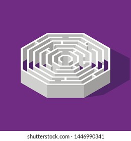 Labyrinth hexagon isometric game and maze fun puzzle isolated on purple background. Puzzle riddle logic game isometric concept. Vector illustration