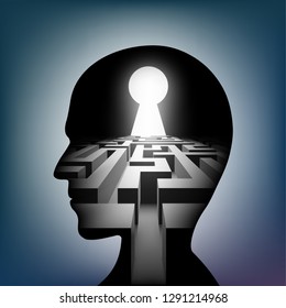 Labyrinth in the human head. Maze with a keyhole. Vector illustration.