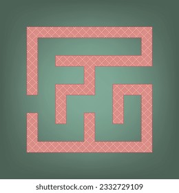 Labyrinth icon. illustration. Apricot Icon with Brick Red parquet floor graphic pattern on a Ebony background. Feldgrau. Green. Illustration.