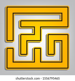 Labyrinth icon. illustration. Flat orange icon with overlapping linear black icon with gray shadow at whitish background. Illustration.
