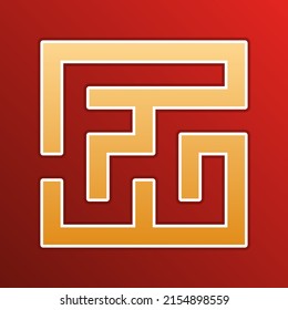 Labyrinth icon. illustration. Golden gradient Icon with contours on redish Background. Illustration.
