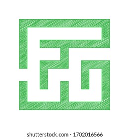 Icono de laberinto.ilustración. Ícono de garabato verde con contorno sólido sobre fondo blanco.  Ilustración.