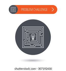 Labyrinth icon. Problem challenge sign. Find solution symbol. Gray flat circle button. Orange button with arrow. Vector