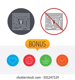 Labyrinth icon. Problem challenge sign. Find solution symbol. Shopping cart, globe, heart and check bonus buttons. Ban or stop prohibition symbol.