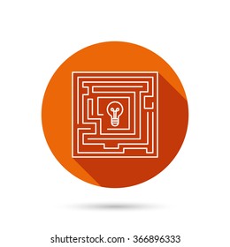 Labyrinth icon. Problem challenge sign. Find solution symbol. Round orange web button with shadow.