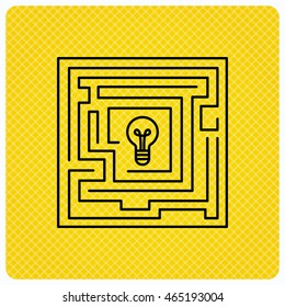 Labyrinth icon. Problem challenge sign. Find solution symbol. Linear icon on orange background. Vector