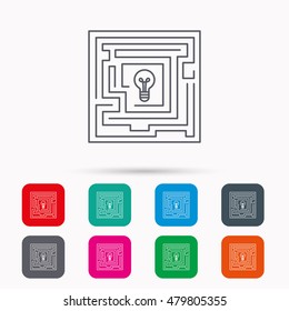 Labyrinth icon. Problem challenge sign. Find solution symbol. Linear icons in squares on white background. Flat web symbols. Vector