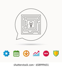 Labyrinth icon. Problem challenge sign. Find solution symbol. Calendar, Graph chart and Cogwheel signs. Download and Shield web icons. Vector