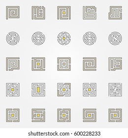 Labyrinth icons set. Vector colorful and thin line maze concept symbols collection