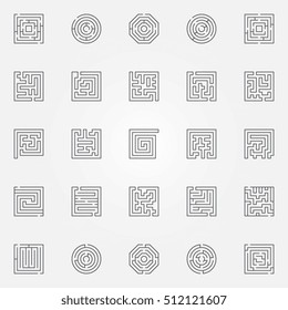 Labyrinth icons set. Vector square and round maze and labyrinth concept symbols in thin line style