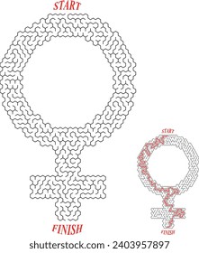 Labyrinth inside the shape of international female gender sign. Venus symbol maze with solution. Creative and original flat puzzle design. Vector illustration.