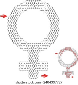 Labyrinth inside the shape of international female gender sign. Venus symbol maze with solution. Creative and original flat puzzle design. Vector illustration.