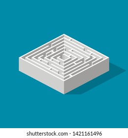 Labyrinth isometric game and maze fun puzzle isolated on blue background. Puzzle riddle logic game isometric concept. Vector illustration