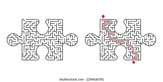 Labyrinth and jigsaw puzzle pieces, Black square maze. Find the way, labyrinth riddle. Black and white geometric pattern. labyrinth design icon. Maze tangled lines. Thinking game. Vector route