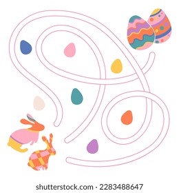 Labyrinth for kids with with Easter bunnies and eggs. Maze game for preschool children. Simple matching game. Vector illustration isolated on white background