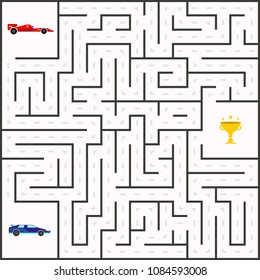 Labyrinth kids game with sport cars and golden cup. Vector Illustration 10 eps