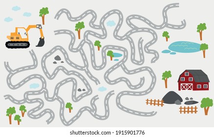 Labyrinth kids game with truck and excavator. Vector Illustration 10 eps