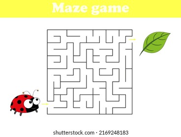 Labyrinth with ladybug and leaf.  Vector round maze. Children colorful puzzle. Find right way.