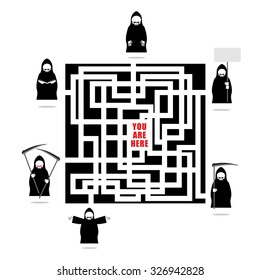 Labyrinth of life. living ends with end. In any outlet waiting for grim priest. From fate. All life's roads Maze  lead to death. Allegorical figure.
