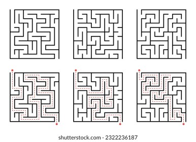 Labyrinth line pattern. Rectangle labyrinth with entry and exit. Vector labyrinth of low or medium complexity.