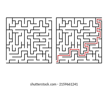 Labyrinth logic game way set. Maze challenge with red line route hint. Find right way. Square jigsaw for children books and magazines. Vector isolated on white background. 