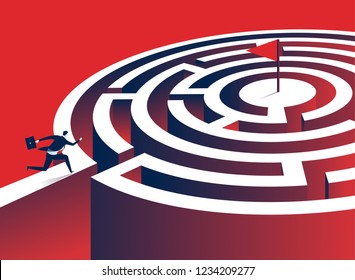 Labyrinth. Manager runs to the goal in the middle of the circle labyrinth. Concept business illustration