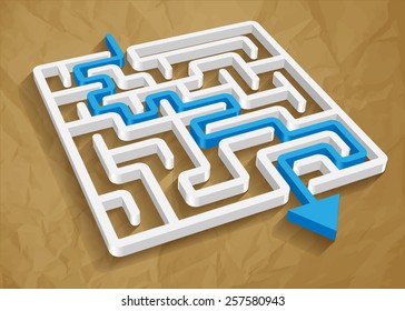 Labyrinth Maze 3d Blue Round Light Vector On Crumpled Paper Brown Background 