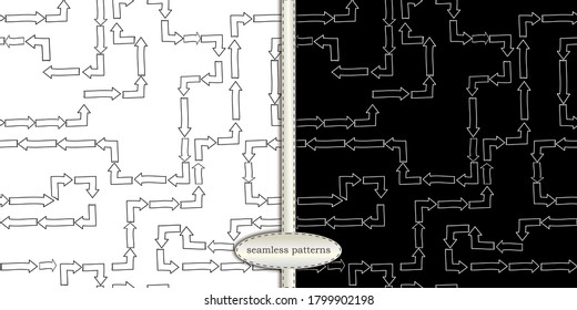 labyrinth maze of arrows, set of endless seamless patterns of hand drawn arrow elements in sketch doodle childish style. for packaging design paper fabric textile, trendy minimalistic background