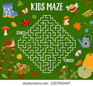 Labyrinth maze with autumn leaves, animals, plants and garden tools. Kids vector board game worksheet with mushroom, snail, ladybug and butterfly. Potted flower, ladder, strawberry and rubber boots