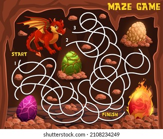 Labyrinth Maze With Cartoon Dinosaur Or Dragon Eggs In Cave. Start To Finish Game, Kids Education Puzzle Or Pathfinding Riddle Vector Worksheet With Winged Dinosaur Or Dragon And Eggs