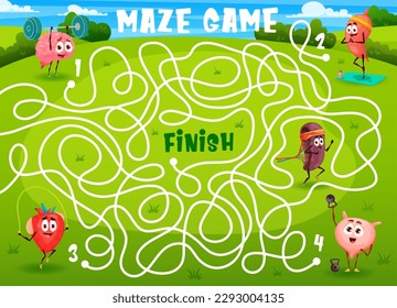 Labyrinth maze, cartoon funny human organs sportsman characters on green meadow, vector quiz game. Kids labyrinth maze worksheet find way for heart, brain and kidney on fitness sport and yoga