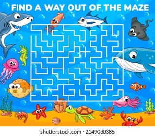 Labyrinth maze of cartoon funny underwater animals and fish. Vector worksheet of kids block puzzle game with square labyrinth, shark, whale, crab and squid, prawn, jellyfish on blue ocean background