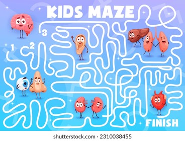 Labyrinth maze with cartoon human organ characters. Kids vector worksheet boardgame with ear, liver, heart and nose. Eyeball, brain, kidneys or lungs with brain, tangled path, start and finish, quiz