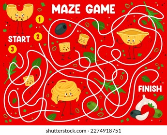 Labyrinth maze, cartoon italian pasta characters pathfinding game quiz. Kids puzzle riddle vector worksheet, help macaroni personages find right way to condiments, cute fettuccine and conchiglie