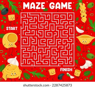 Labyrinth maze, cartoon italian pasta characters kids game worksheet. Vector block puzzle quiz with macaroni food personages and square labyrinth. Italy cuisine fettuccine, conchiglie, fusilli