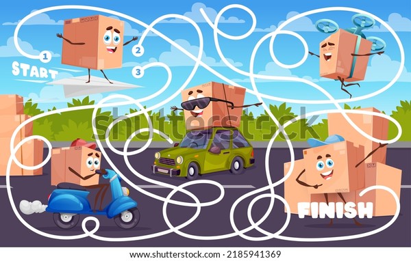 Labyrinth maze. Cartoon package box characters.\
Help to find fastest delivery service. Children maze game with\
funny cardboard box personages. Kids labyrinth riddle vector\
worksheet, playing\
activity
