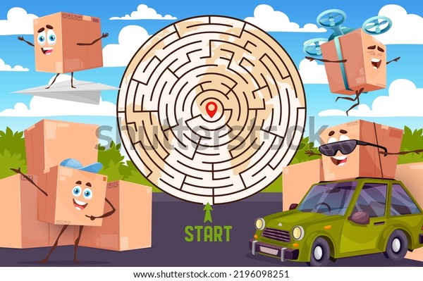 Labyrinth maze. Cartoon package box characters\
with world map. Kindergarten kids labyrinth quiz vector worksheet,\
children maze game or playing activity with delivery service parcel\
box personages