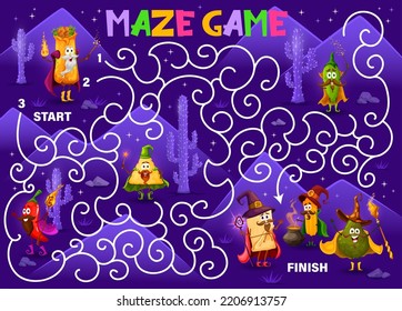 Labyrinth Maze, Cartoon Tex Mex Mexican Food Wizards Characters, Vector Kids Game. Help Burrito Wizard And Jalapeno Pepper Mage To Find Way To Avocado Sorcerer With Magic Wand, Game Worksheet