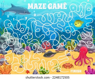 Labyrinth maze cartoon underwater landscape and animals. Kids vector board game worksheet with dolphin, octopus, puffer fish and crab on seafloor with corals and seaweeds. Educational children riddle