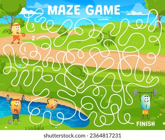 Labyrinth maze cartoon vitamin sportsman characters. Vector game worksheet for playing activity with Na, Mg, P and I micronutrient capsule personages doing sport. Kids riddle for attention development