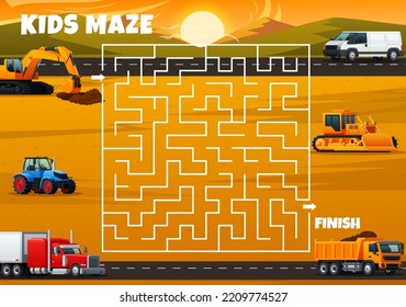 Labyrinth maze. Construction machinery and industrial transport Finding way playing activity or kindergarten kids riddle vector worksheet. Children maze game with excavator, van and tractor, trucks